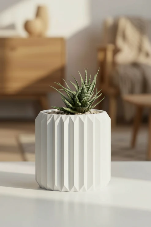 Ribbed Triangle White Planter Pot